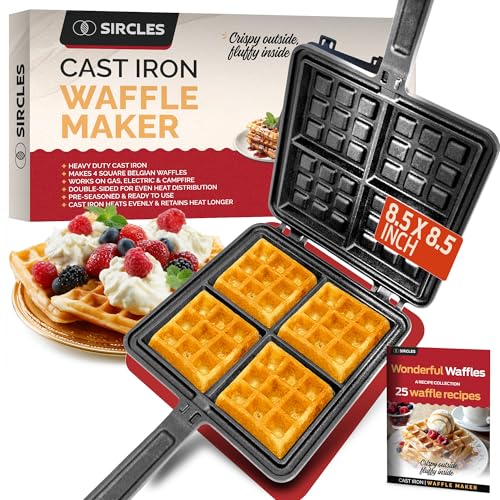 Sircles Cast Iron Waffle Maker - Makes 4 Square Belgian Waffles - Non Electric - Heavy Duty - Belgian Waffle Maker - 8.5 inch Square Waffles - E-book recipes