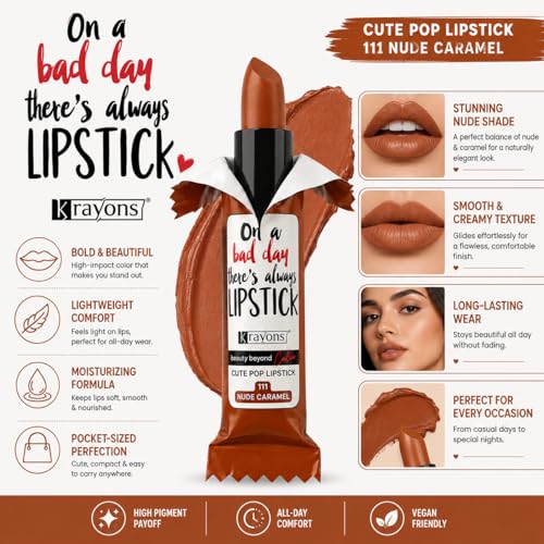 Image of Krayons Cute Pop Matte Lipstick for Women - Shade 111 Nude Caramel, India's 1st Twist-Wrap Lip Stick, Long Stay Waterproof Lipstic, Rich Pigmented Daily Wear Matt Lipsticks, 3.5g