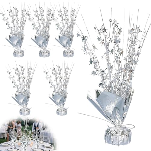 6 unidades Centros decorativos de mesa de festa, decoração de mesa estrela papel alumínio metálico, centro de festas decorativo aniversário brilhantes metálico para casamento, aniversário, prateado, férias