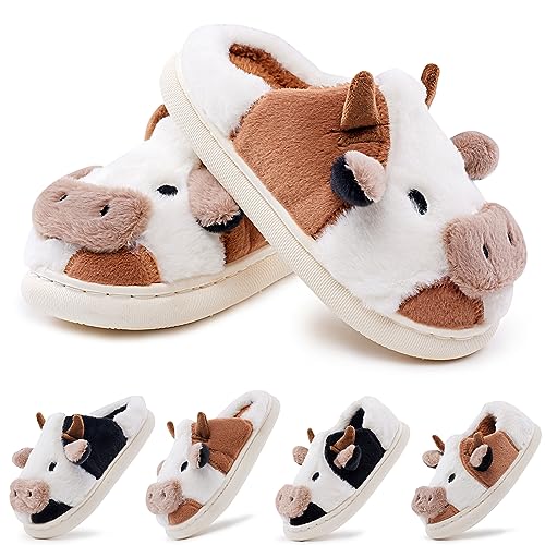 sharllen Fuzzy Cow Slippers for Kids Cute Fluffy Cow Kids House Slippers Toddler Girls Boys Animal Cartoon House Shoes for Indoor Outdoor