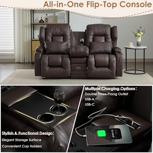Image of SAMERY 67.6 inch Loveseat Recliner Sofa | Double Recliner Sofa & Console | Wall Hugger Loveseat Reclining RV Theater Seats | RV Couch Home Theater Seating Furniture (Faux Leather Brown)