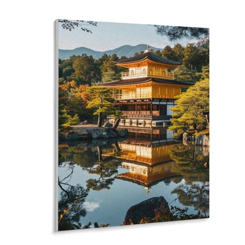 日の出の京都の金閣寺 数字キットによる絵画 数字油絵 美しい日本の風景写真 雄大な日本建築 数字キット塗り絵 手塗り DIY絵 デジタル油絵 ホーム オフィス装飾 (40×50cm, フレーム付き)