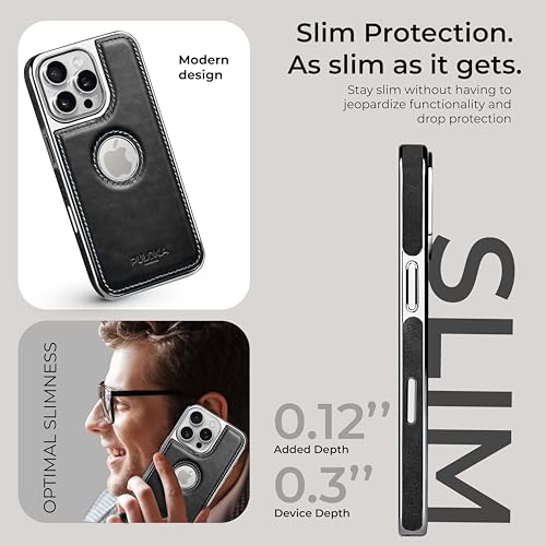 Image of PULOKA Chrome Leather Back Case - Compatible with iPhone 16 Pro- Luxury Bumper Case - Flexible Vegan Leather - Electroplated Sides & Logocut - Full Camera Protetection & Raised Edges - Black