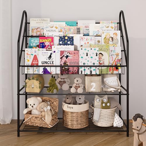 Black Bookcase for Children Metal Kids Bookshelves Modern Minimalist Toy Storage Large Bookshelf for Bookstore Bedroom, Classroom Furniture, Living, Library, Book Display Rack - Image 3