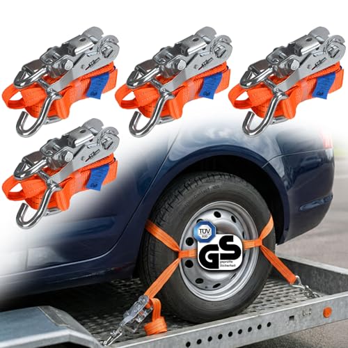 Sangles d'arrimage pour Transport Voiture Lot de 4 Sangles de Serrage 2,9 m Sangle sécuriser Les Roues sur remorques 2000 daN DIN en 12195-2