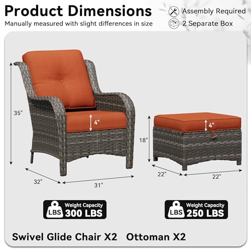 Image of 4 Piece Outdoor Wicker Patio Furniture Set, Patio Chairs Set with Thickened Olefin Cushions, High Back and Deep Seating, Hand-Woven PE Rattan, Ottoman for Porch, Deck, Orange