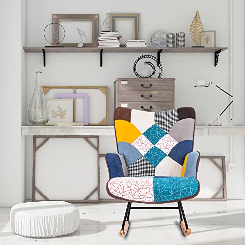 Laverntard Modern Rocking Accent Chair, Tufted Upholstered Rocking Chair For Nursery, Comfy Wingback Glider Rocker With Wood Legs And Patchwork Cotton Linen For Living Room Bedroom Balcony #TOP5