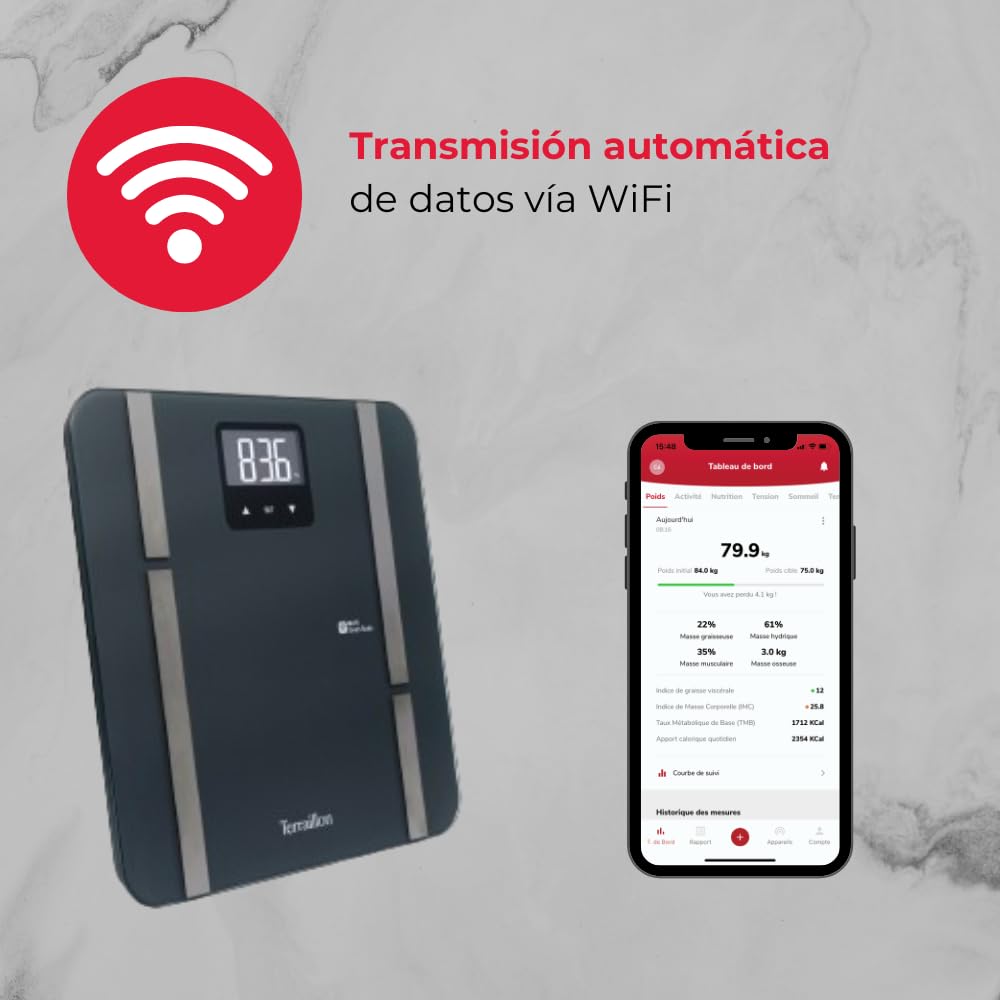 TERRAILLON - MASTER FIT ULTRA Balance conectado Wi-Fi, Frecuencia cardíaca, Análisis de masas grasas, musculares, hídricos, óseos y viscerales, IMC, ingesta diaria de calorías