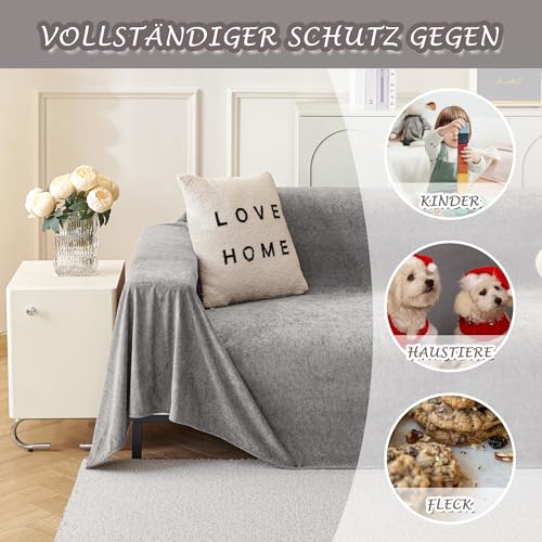 MYSKY HOME Sofa Überzug Kratzschutz Sofa Katze - Sofabezug 2 Sitzer, Sofaüberwurf Waschbar, Couch Überzug L Form, Überwurfdecken für Sofa Schutzdecke, Sofaschoner 180 x 300cm, Grau