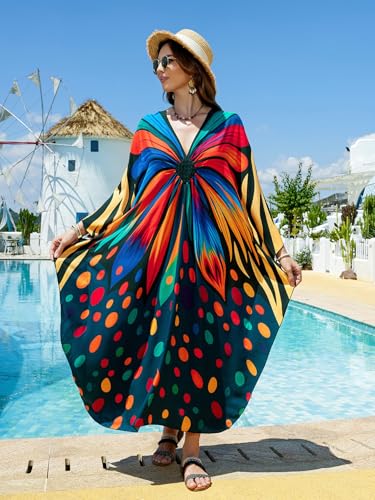 Image of IMAGEKOPE Women's Plus Size Animal Print V-Neck Batwing Kaftan Beach Dress Bathing Suit Cover-Up Loungewear