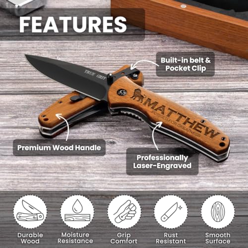 GIFTS TO ENGRAVE Custom Pocket Knife for Men, Personalized Fathers Day Gift, Engraved Hunting Knife, Wood Handle, Groomsmen & Best Man Gift - Image 5