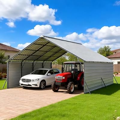 FLOUREE 20x20 FT Heavy Duty Metal Carport with Sidewalls, Enclosed 2 Car Carport Canopy, Vertical Roof Metal Car Port for Snow, Rain & Sun, for Trucks, Boats and Outdoor Storage
