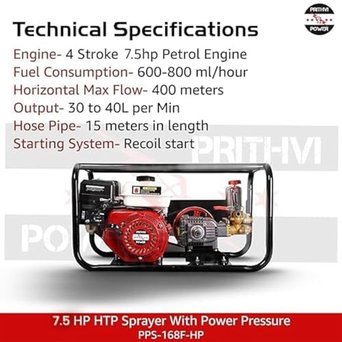 Image of Portable Sprayer with 7.5 HP 4 Stroke Engine | 75KG Pressure Heavy Duty Big HTP Pump | Pesticides Spray in Farm, Warehouse and Garden with Spray Gun | 15 Meter Hose Pipe & 1 Brass Gun