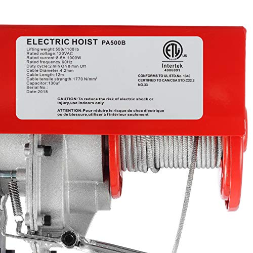 Partsam 1100 lbs Lift Electric Hoist Crane Remote Control Power System, Zinc-Plated Steel Wire Overhead Crane Garage Ceiling Pulley Winch w/Premium Straps (w/Emergency Stop Switch)