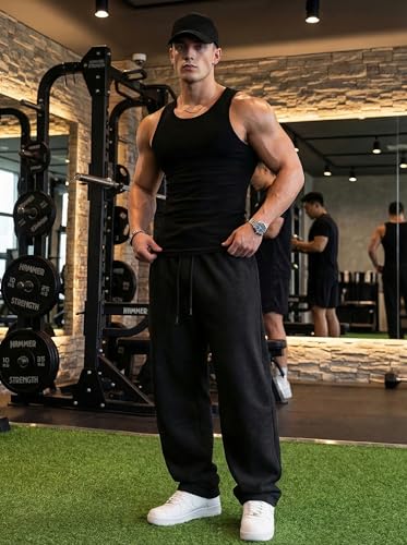 Image of Mens Baggy Sweatpants Wide Leg Casual Elastic Waist Drawstring Athletic Loose Jogger Fall Sweat Pants with Pockets