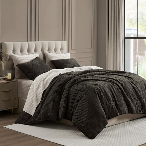 Wonderful Crinkle Crushed Velvet Comforter Set King Size Dark Brown,
