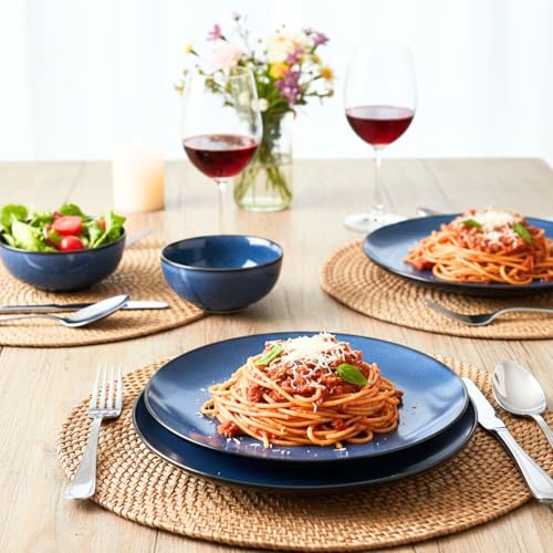 Image of Freakway Reactive Glaze Dinner Set, 4 Piece Stoneware Set, Midnight Blue, 2 Dinner Plates and 2 Serving Bowls