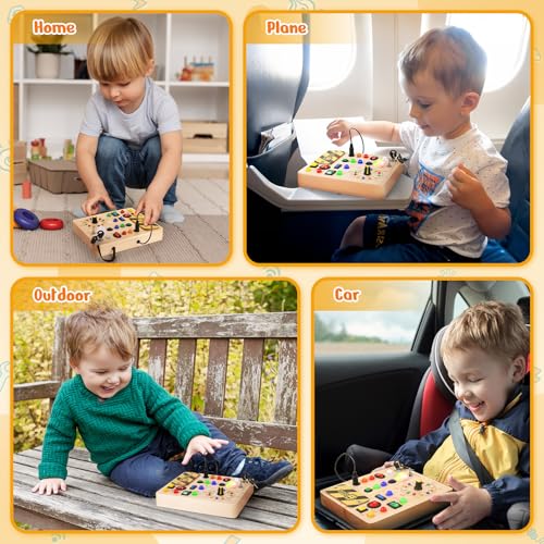 Image of Busy Board with Led Light, Montessori Toys for 1-3 Years Old Boys Girls Wooden Toddler Toys Birthday Gift Educational Toys for 1+ Year Old, Toddler Travel Toy Sensory Toys for Kids with Autism