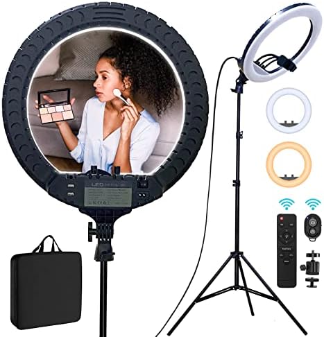 Aro de luz Ring Light - 18 inch 60 W Dimmable LED Ring Light Kit with Stand - Adjustable 3000-6000 K Color Temperature Lighting for Vlog, Makeup, YouTube, Camera, Photo, Video - Control with Remote