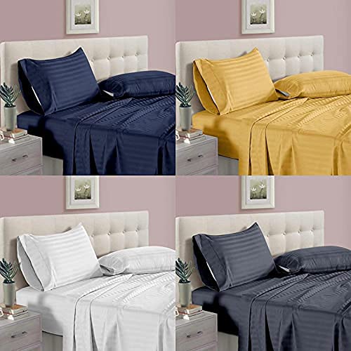 AKIN 220 TC Glace Cotton Satin Stripes/Lining 4 Plain Bedsheet for Double Bed with 8 Pillow Covers for Home-Hotels-Guest House-Blue White Yellow Grey