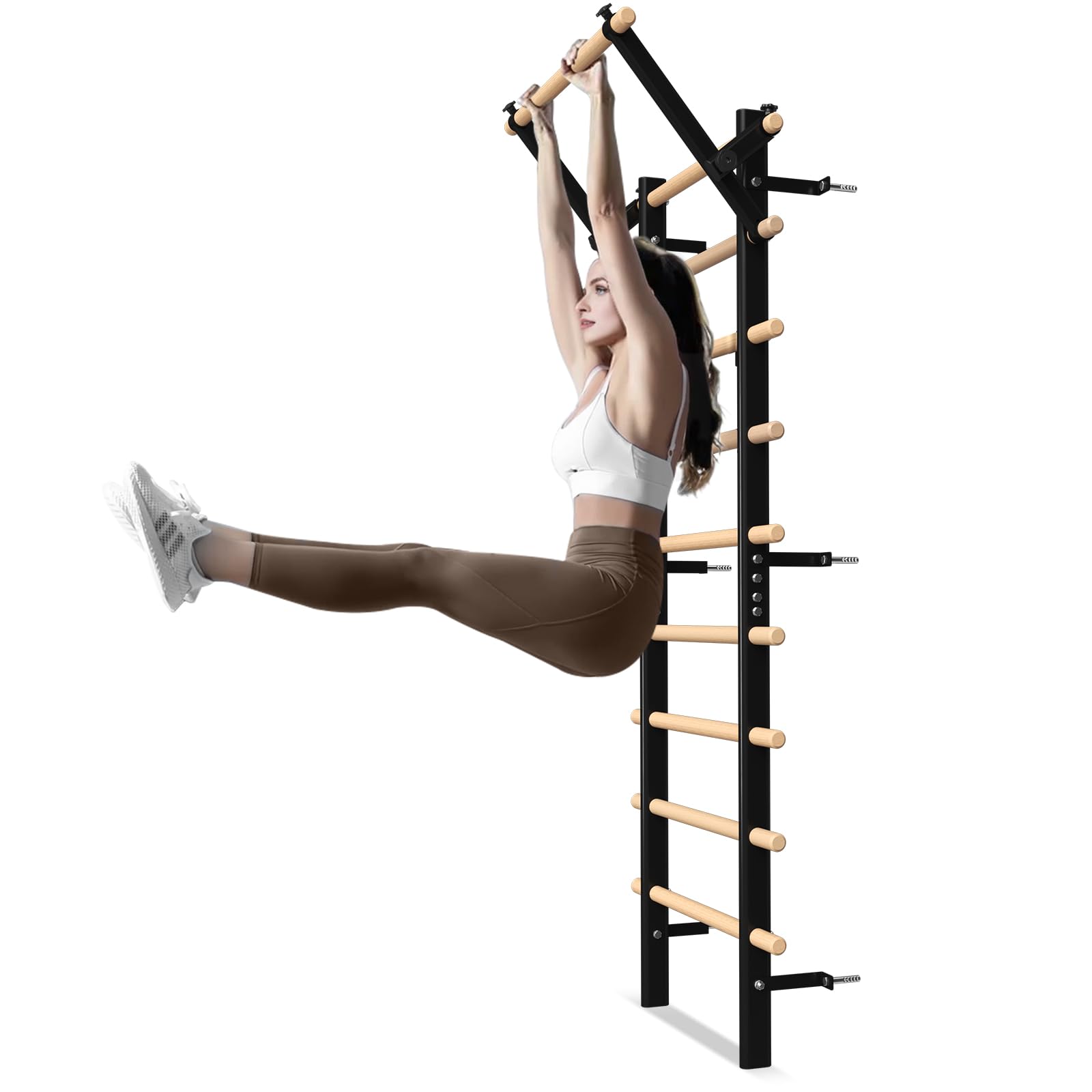 Swedish Ladder Wood Stall Bar, Suspension Trainer with Pull-Up Bar and Dip Bar Attachments, Wooden Stall Bar with 9 Strategic Rods for Core Strengthening and Stretching Balanced for Body Exercises