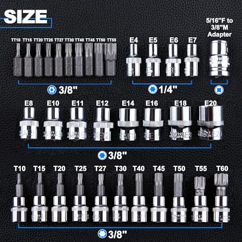 LEONTOOL 34 PCS Torx Bit Socket Set, E Socket Set E4-20, Torx Bit Socket Set T10-60, Tamper Proof Torx Bit Set TT10-TT55 - Image 4