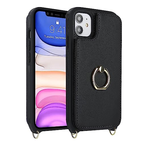 Image of for iPhone 11 Phone Case with Card Holder and Strap for Women,Crossbody Lanyard,RFID Blocking,Kickstand Ring Stand,Snap Clasp,Phone Wallet Cases 6.1 inch(Black)
