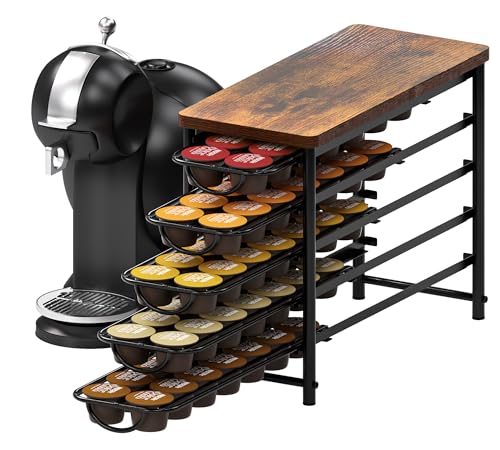 Support de dosettes de café à 5 niveaux pour Dolce Gusto, capacité de 70 capsules en métal avec dessus en bois, organiseur de capsules de café coulissant...