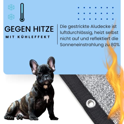 UV Schattennetz Auto Hund 3x4 m – Aludecke mit Ösen – Sonnenschutznetz & luftdurchlässiges Sonnennetz 4x3 m – reflektierende Schattenplane Camping, Urlaub, Sport – Alunetz Auto 300x400 cm Hitzeschutz
