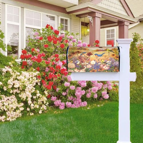 Image of Spring Rural Flowers Butterflies and Birds Mailbox Cover Magnetic Summer Floral and Bird Waterproof Mailbox Wraps Post Letter Box Decor 21x18 in