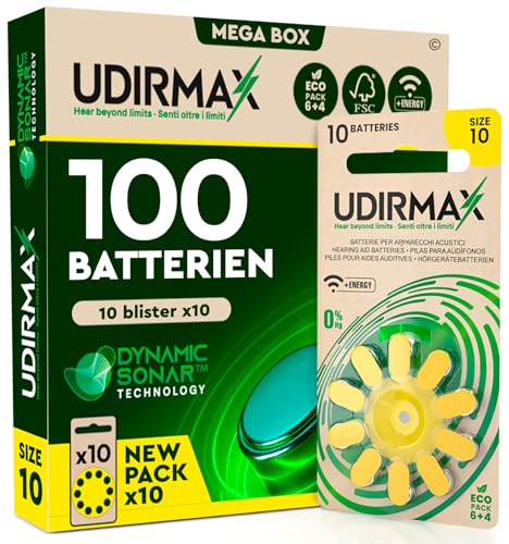 100 Batterien für Hörgeräte Größe 10 PR70 Udirmax Gelb mit Dynamic Sonar Technologie Zink-Luft Öko-Pack - 10 umweltfreundliche Blisterpackungen mit 10 Hörgerätebatterien
