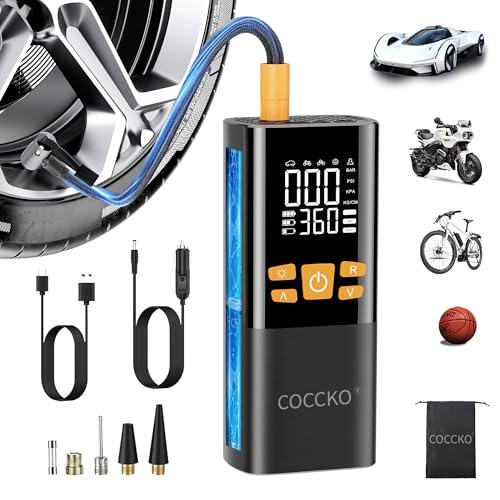 Compresor Aire Portátil,COCCKO 150 PSI Inflador Ruedas Coche,Batería 6000 mAh y 12V DC,Inflador Digital con Función de Luz LED, Hinchador Electrico,para Auto, Moto, Bicicleta y Pelota