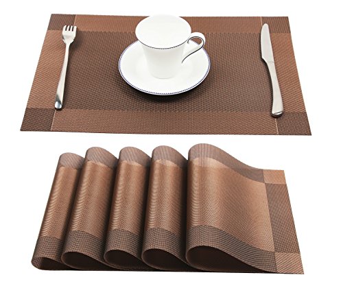 Homcomoda Vinyl Placemats Heat Resistant Dining Table Mats Non-slip Washable Place Mats, A-brown, Set of 6