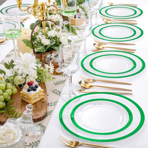 U-QE 120PCS Clear Green Plastic Plates - Clear Plastic Plate Disposable Heavy Duty- Include 60 10" Dinner and 60 7" Dessert Plates, Perfect for Party, Wedding