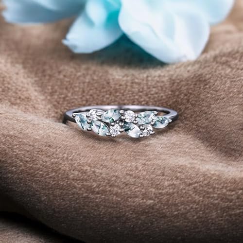 Moss agate cluster wedding band Unique marquise cut moss agate wedding band Vintage Moissanite ring Solid gold ring Valentine Day gift2