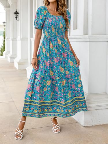 Image of ZESICA Women's 2026 Summer Boho Floral Print Dress Square Neck Ruffle Swing Beach Vacation Long Maxi Dresses
