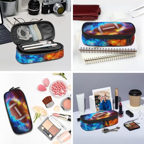Image of Rugby American Football Pencil Case for Sports Boys Girls, Large Capacity Black Pen Bag with Water and Fire Pattern, Pencil Pouch with Zipper Compartments, Organizer for School Office Business