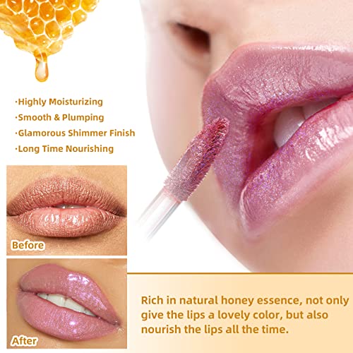 Newbang Bee Balm Lip Gloss Moisturizing Shimmery Liquid Lipstick Propolis Honey Essence Lip Glow Oil Tint Hydrating Nourishing Shiny Plump Milky Gloss Glitter Non-Sticky Shimmer Lip Stain-#03Nude Pink #TOP3
