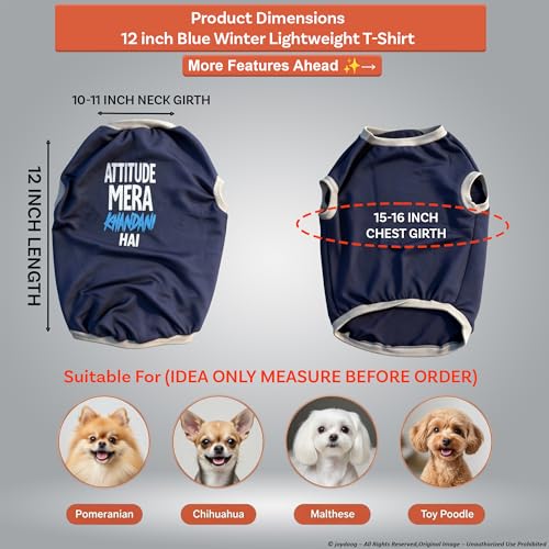 Image of JoyDaog Cozy Dog Winter Coat Navy Blue Color 12 Inch (XS)- inchAttitude Mera Khandani Hai inch Printed Soft Cotton Trendy Apparel for Puppy & Toy Breeds I Indoor & Outdoor