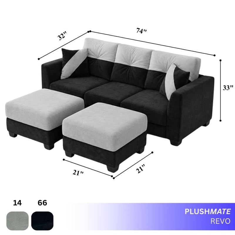 Image of Revola 5 Seater L Shape Sofa Set with 2 Movable Ottomans | Flexible Layout | Luxury Velvet Suede Fabric | Modern Living Room Sofa | Black-Light Grey