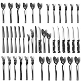 LIANYU 36-Piece Matte Black Silverware Set with Steak Knives, Stainless Steel Flatware Cutlery Set...