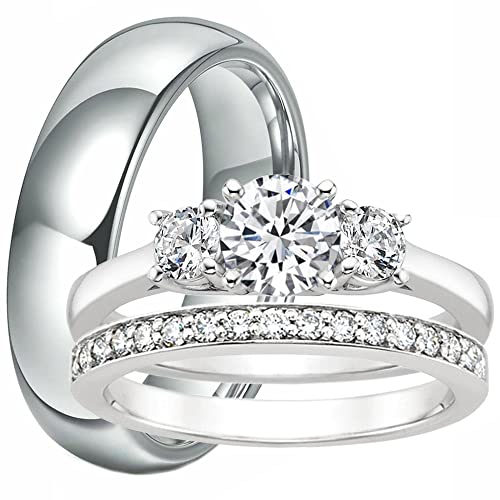 14K White Gold Over Round Cut White Diamond 925 Sterling Silver Diamond Engagement Wedding Anniversary Bridal Trio Ring Set for His & Her