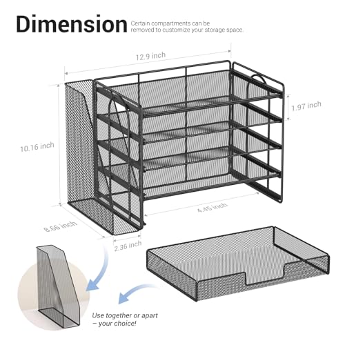 Desk Organizer with File Holder, Organisateur et Accessoire de Bureau, 5-tier Paper Letter Tray with Drawer and Pen Holder, Mesh Desktop Office Supplies for School, Home, Office (B image 2