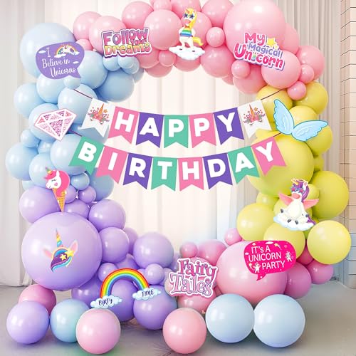 Image of Party Propz Unicorn Theme Birthday Decoration Kit -57 Pcs ,Happy Birthday Banner, Multicolor Balloons for Birthday Events, Unicorn Photo Props & Glue Sheet ,Decoration Kit for Girls (Cardstock)