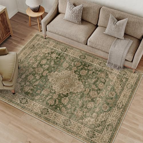 PureCozy Vintage Teppich Wohnzimmer 120x170cm Grün Waschbar Groß Teppiche – Ansicht 1