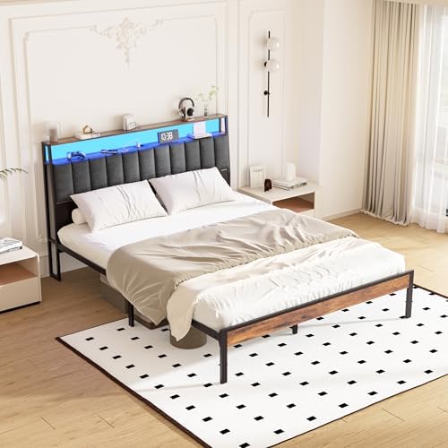 DEWINNER Cadre de lit 140 x 190 avec Sommier en métal, lit 2 Personnes, avec lumières LED et Prises Multiples (1 Prise AC, 2 Ports USB), avec casier, Hauteur 26,5 cm, Couleurs Vintage et Gris