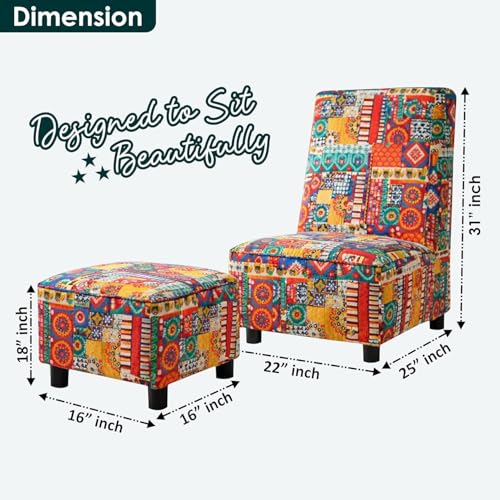 Image of Rosebell 1 Seater Wooden Sofa Set with Ottoman | Multicolor Printed Fabric Sofa | Comfortable Living Room & Office Sofa Set
