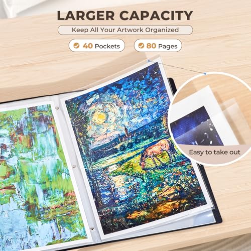 Image of JoyCat 11 x 17 Art Portfolio Binder, 40 Acid-Free Clear Pockets Art Folder Display 80 Pages, Large Presentation Book for Artists and Students (Black)
