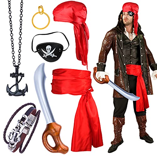 Yewong Captain Pirate Costume Accessory Set Durag Long-Tail Pirate Cap Medieval Renaissance Large SashÂ Pirate Role Play Dress Up Set for Halloween Party