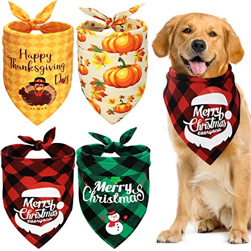 4 Pieces Thanksgiving Christmas Dog Bandanas Buffalo Festival Pet Scarf Bibs Triangle Puppy Neckerchief Kerchief Cotton Thanksgiving Day Costume Accessories for Dogs Cats Pets Decoration (4 Styles)